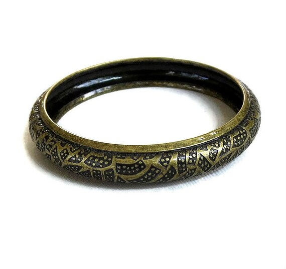 Black Enamel & Burnished Gold Tone Bangle Bracele… - image 4