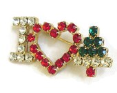 Vintage Red, Green & Clear Rhinestones I Heart Christmas with Heart and Tree Brooch or Pin