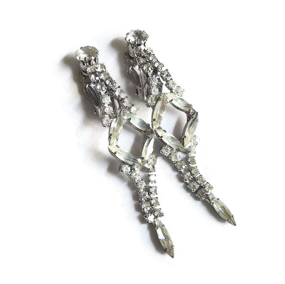 Long Clear Rhinestone Dangle Earrings Vintage Wed… - image 4