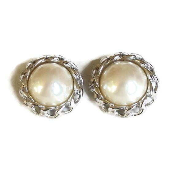 Large White Glass Pearl Button Earrings Encircled… - image 4