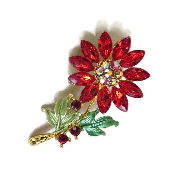 Green Enamel Flower Brooch with Red and Aurora Bo… - image 4