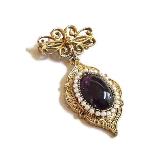 Victorian Style Deep Purple Glass Cabochon and Fa… - image 2