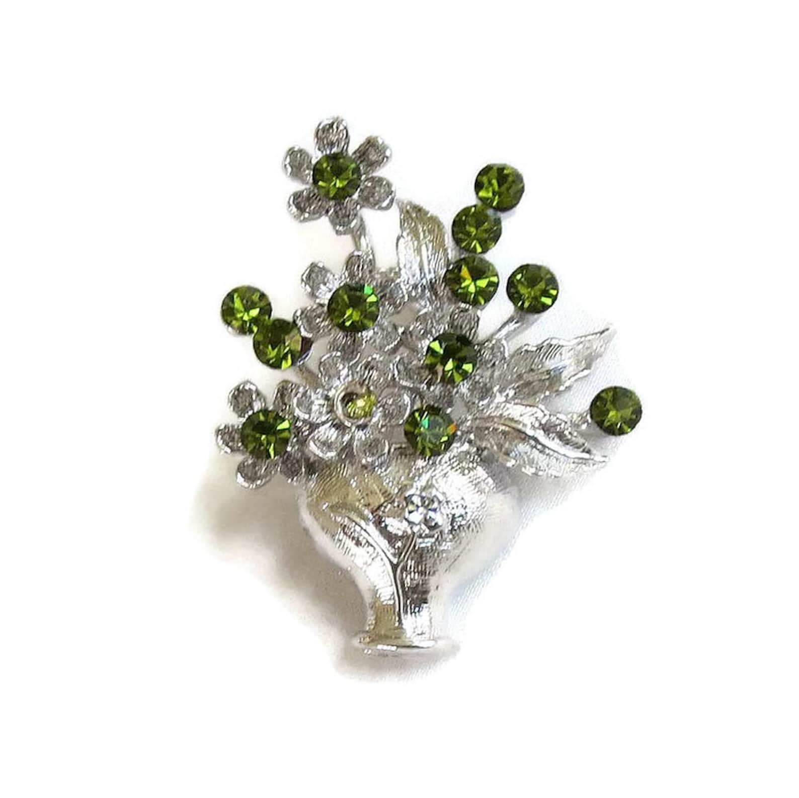 Green Rhinestone Flower Bouquet Brooch Vintage in Silver Tone Etsy
