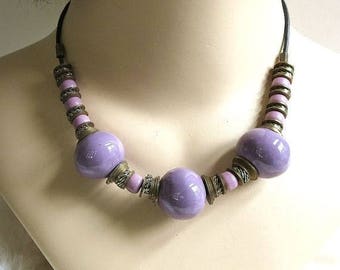 Purple Glass Necklace Metal Beads Vintage Ethnic Boho