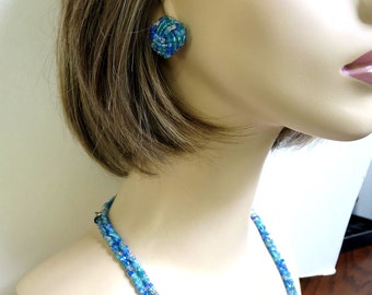Shades of Blue and Clear Crystal Seed Beads Long Necklace and Earrings Set Vintage