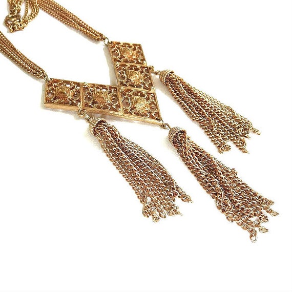Large Gold Tone Chevron Tassel Pendant Necklace V… - image 5