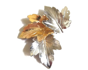 Silver & Gold Tone Maple Leaves Brooch Vintage