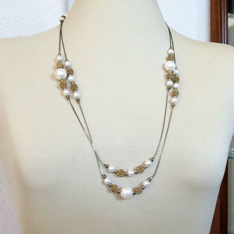 Long Faux Pearl Necklace Filigree Wire Ball Beads and Chain Etsy