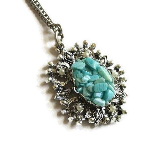 Turquoise & Faux Pearls Pendant Necklace Vintage - image 2