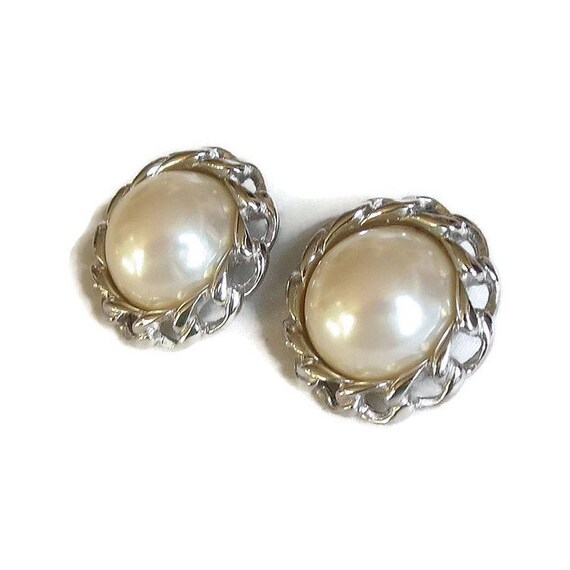 Large White Glass Pearl Button Earrings Encircled… - image 3
