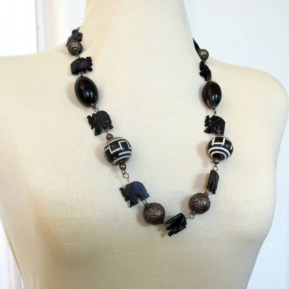 Carved Black Wood Elephant Necklace with Ethnic W… - image 3