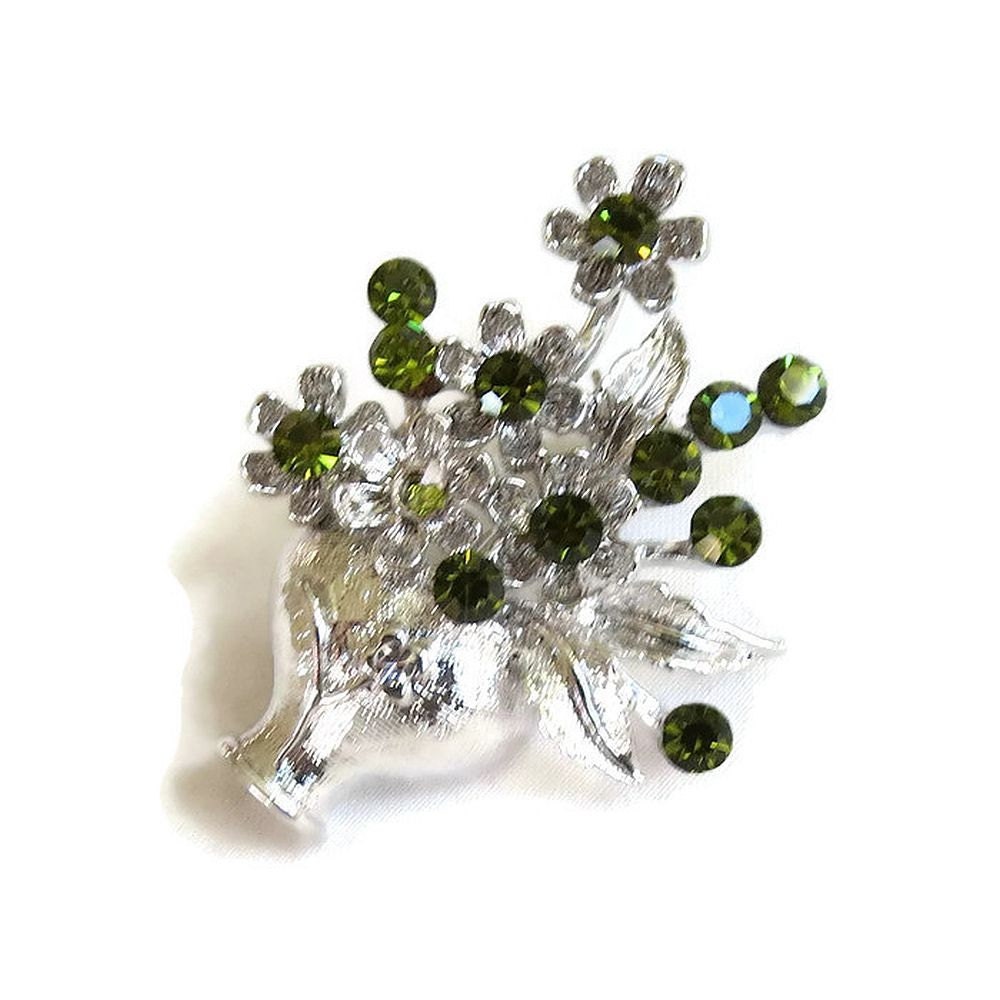 Green Rhinestone Flower Bouquet Brooch Vintage in Silver Tone Etsy