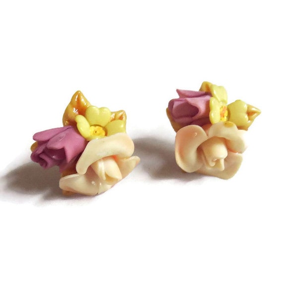 Yellow, Pink and Apricot Molded Plastic Flower Ea… - image 2