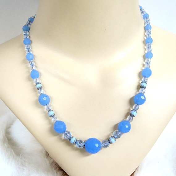 Single Strand Graduated Frosted Blue Glass Crystal