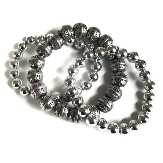 Silver Tone Lot of 3 Three Metal Beads Stretch Br… - image 1