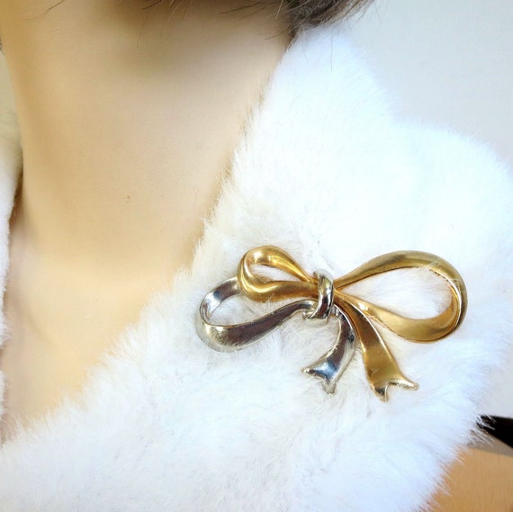 Large Silver and Gold Tone Bow Brooch Vintage - image 1