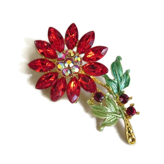 Green Enamel Flower Brooch with Red and Aurora Bo… - image 1