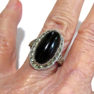 Antique McGrath Signed Ring with Black Stone and Rhinestones Vintage Size 5.25