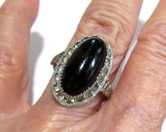 Antique McGrath Signed Ring with Black Stone and Rhinestones Vintage Size 5.25
