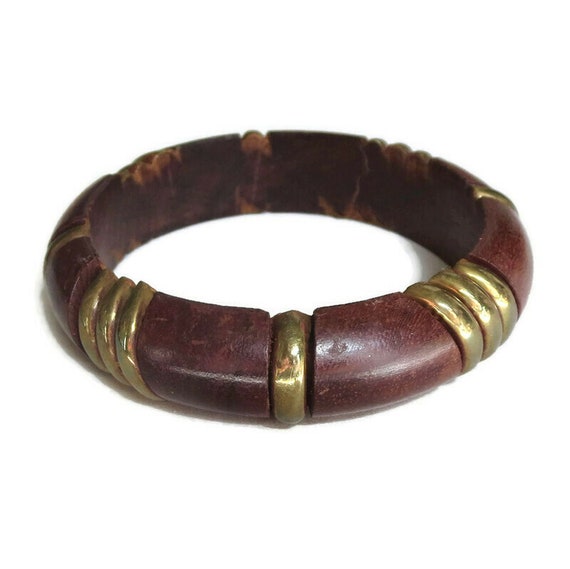 Wood Bangle Bracelet with Brass Insets Vintage Bo… - image 6