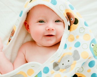 SALE! Hooded towel for baby / unisex gift / fits birth to 3 yrs / Yikes Twins / bath / great shower gift for boy or girl /baby animals