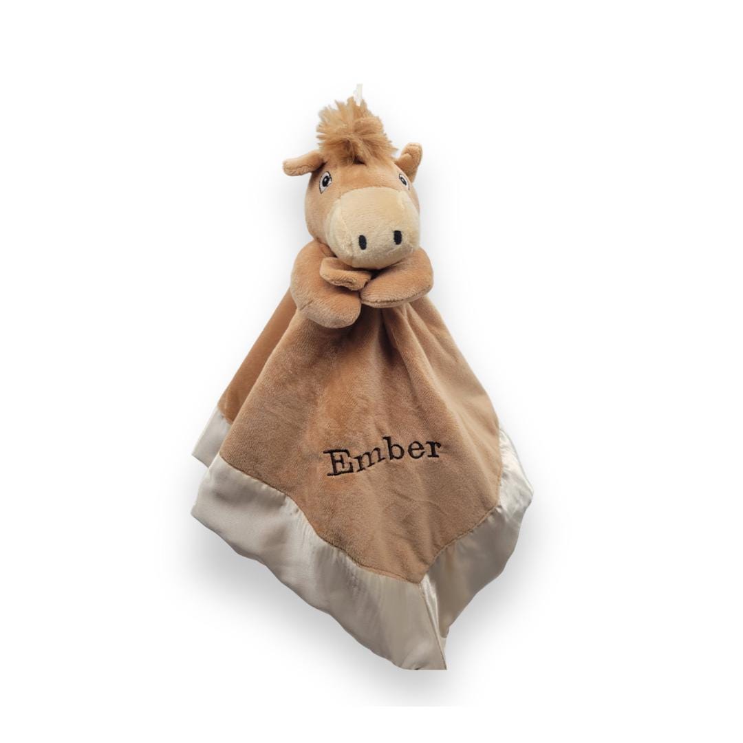 Minky Horse Lovey Blanket: Crinkle Toy, Satin Edge, Personalized