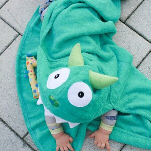 Turquoise Monster hooded towel for baby or toddler / baby towel unisex gift / fits 2-8yrs / Yikes Twins / beach bath pool / personalized image 10