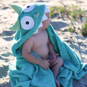 Turquoise Monster hooded towel for baby or toddler / baby towel unisex gift / fits 2-8yrs / Yikes Twins / beach bath pool / personalized image 3