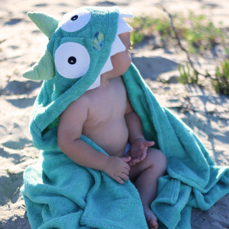 Turquoise Monster hooded towel for baby or toddler / baby towel unisex gift / fits 2-8yrs / Yikes Twins / beach bath pool / personalized image 3