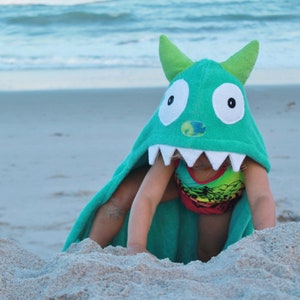 Turquoise Monster hooded towel for baby or toddler / baby towel unisex gift / fits 2-8yrs / Yikes Twins / beach bath pool / personalized image 1