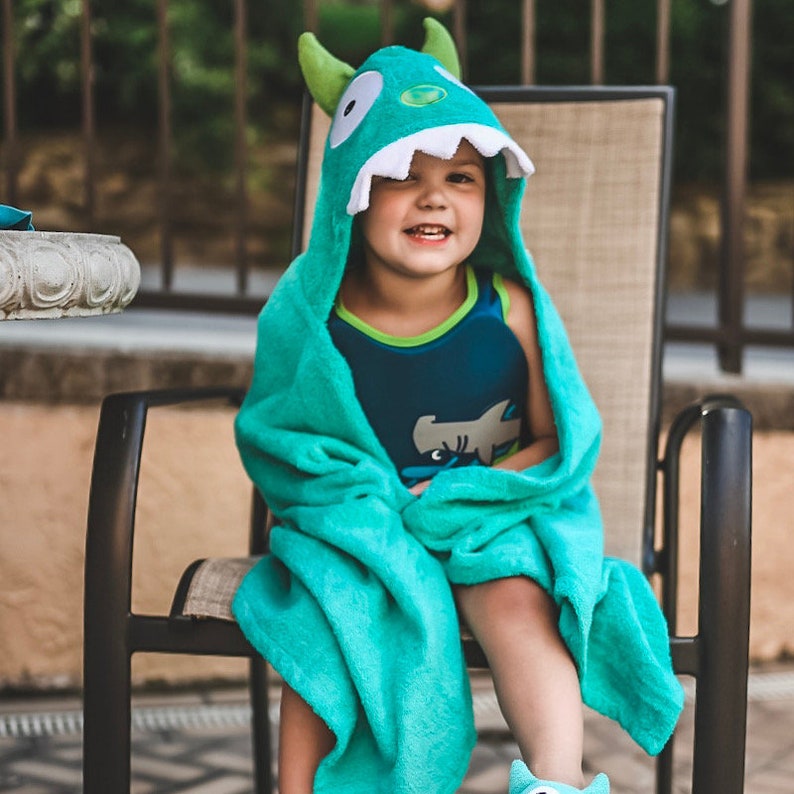 Turquoise Monster hooded towel for baby or toddler / baby towel unisex gift / fits 2-8yrs / Yikes Twins / beach bath pool / personalized image 9