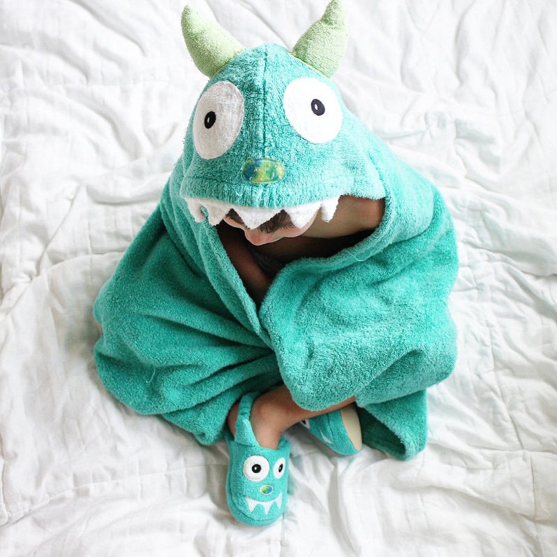 Turquoise Monster hooded towel for baby or toddler / baby towel unisex gift / fits 2-8yrs / Yikes Twins / beach bath pool / personalized image 5