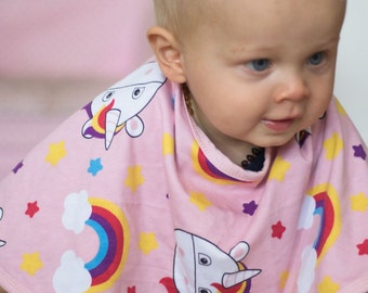 Baby bib / dual purpose burp cloth / rainbow and unicorns jersey knit / great girl gift for baby / baby shower gift / Yikes Twins