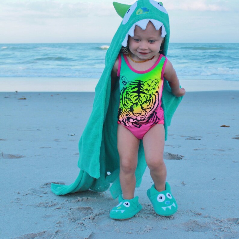 Turquoise Monster hooded towel for baby or toddler / baby towel unisex gift / fits 2-8yrs / Yikes Twins / beach bath pool / personalized image 8