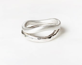 Hammered Sterling Silver Ring Stack: Petite Brushed & Polished Bands
