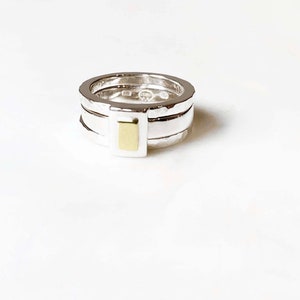 Chunky Yellow Gold and Sterling Silver Rectangle Stacking Set With Hammered Finish image 3