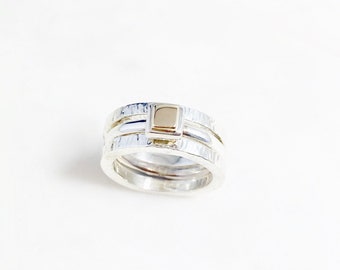 Yellow Gold Sterling Silver Stacking Ring Set - Hammered Finish