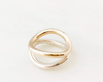 Solid Yellow Gold and Sterling Silver Curved Two Ring Stack With Polished Finish, Made in Australia by Ant Haus Designs