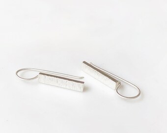 Sterling Silver "Modern Nature" Drop Long Rectangle Earrings With Matt/Brushed Lined Finish
