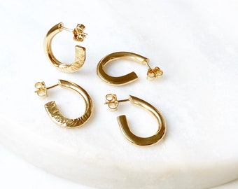 Chunky Yellow Gold Statement Polished Oval Hoop Earrings With Hammered Line Detail, Made in Australia By Ant Haus Designs