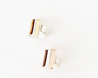 Hammered 9K Gold Sterling Silver Statement Ring - Wide Band