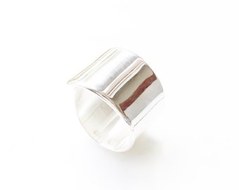 Chunky Solid Sterling Silver Wide Sculptural Modernist Band Ring With Polished Finish and Square Edges