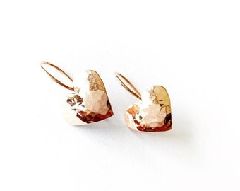 Rose Gold Hammered And Polished Drop Heart Earrings