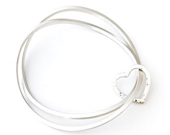 Sterling Silver Bangle: Modern Love Bangle Set With Reversible Heart Ring
