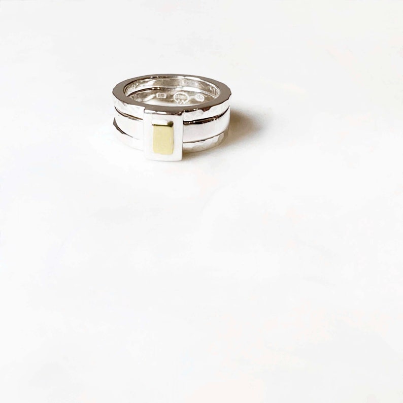 Chunky Yellow Gold and Sterling Silver Rectangle Stacking Set With Hammered Finish image 3