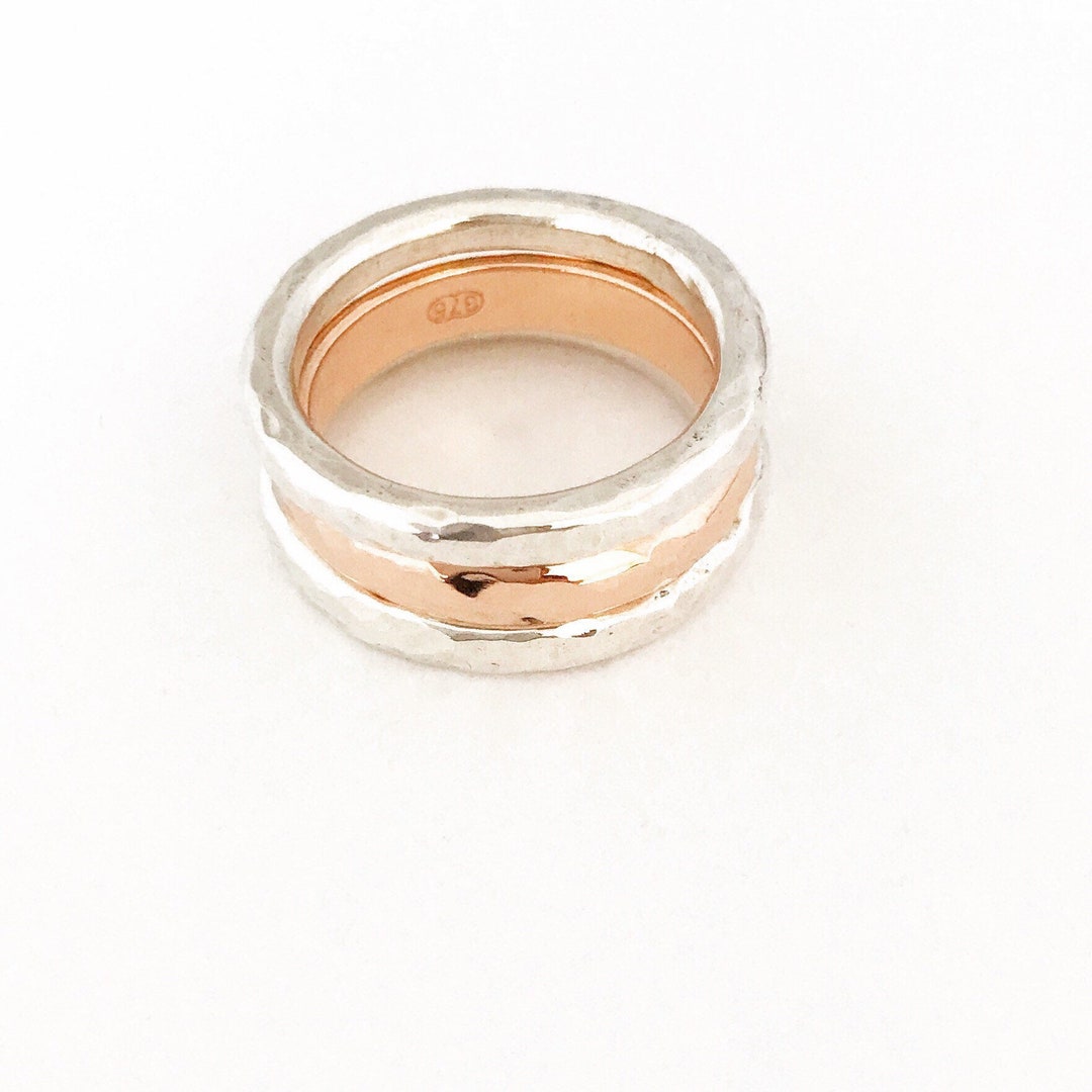 Wide Rose Gold and Sterling Silver Chunky Statement Stacking Ring Set ...