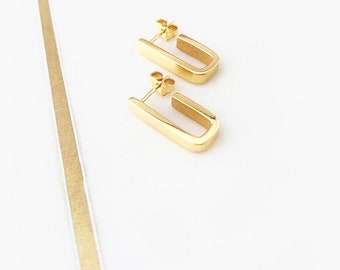 Yellow Gold Polished Long Square Hoop Studs