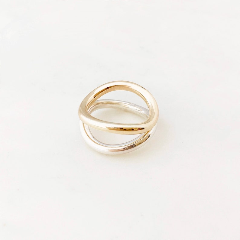 Solid Yellow Gold and Sterling Silver Curved Two Ring Stack With Polished Finish, Made in Australia by Ant Haus Designs image 1