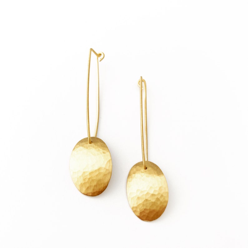 Yellow Gold Long Drop Earrings With Brushed And Hammered Curved Oval image 1