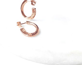 Chunky Rose Gold Statement Polished Oval Hoop Earrings With Hammered Line Detail, Made in Australia By Ant Haus Designs